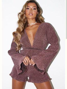 PrettyLittleThing pink glitter plunge playsuit